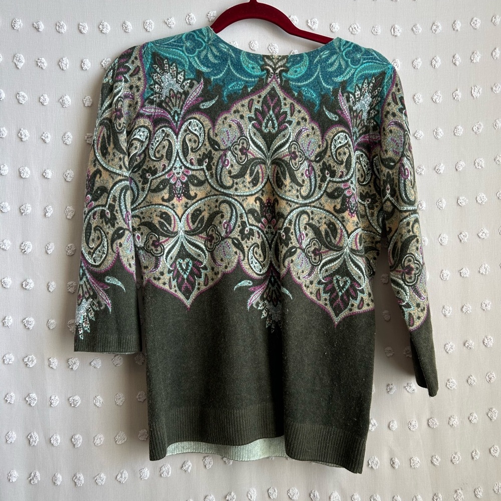 Talbots 100% Cashmere Paisley‎ Print 3/4 Sleeve Crewneck Sweater Sz S Teal Brown